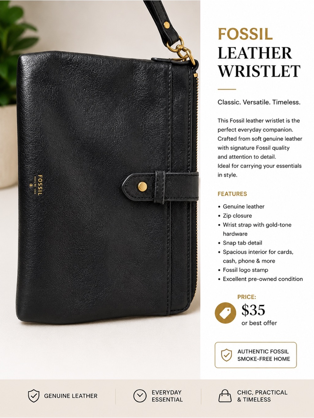Fossil Black Leather Wristlet with Gold Hardware